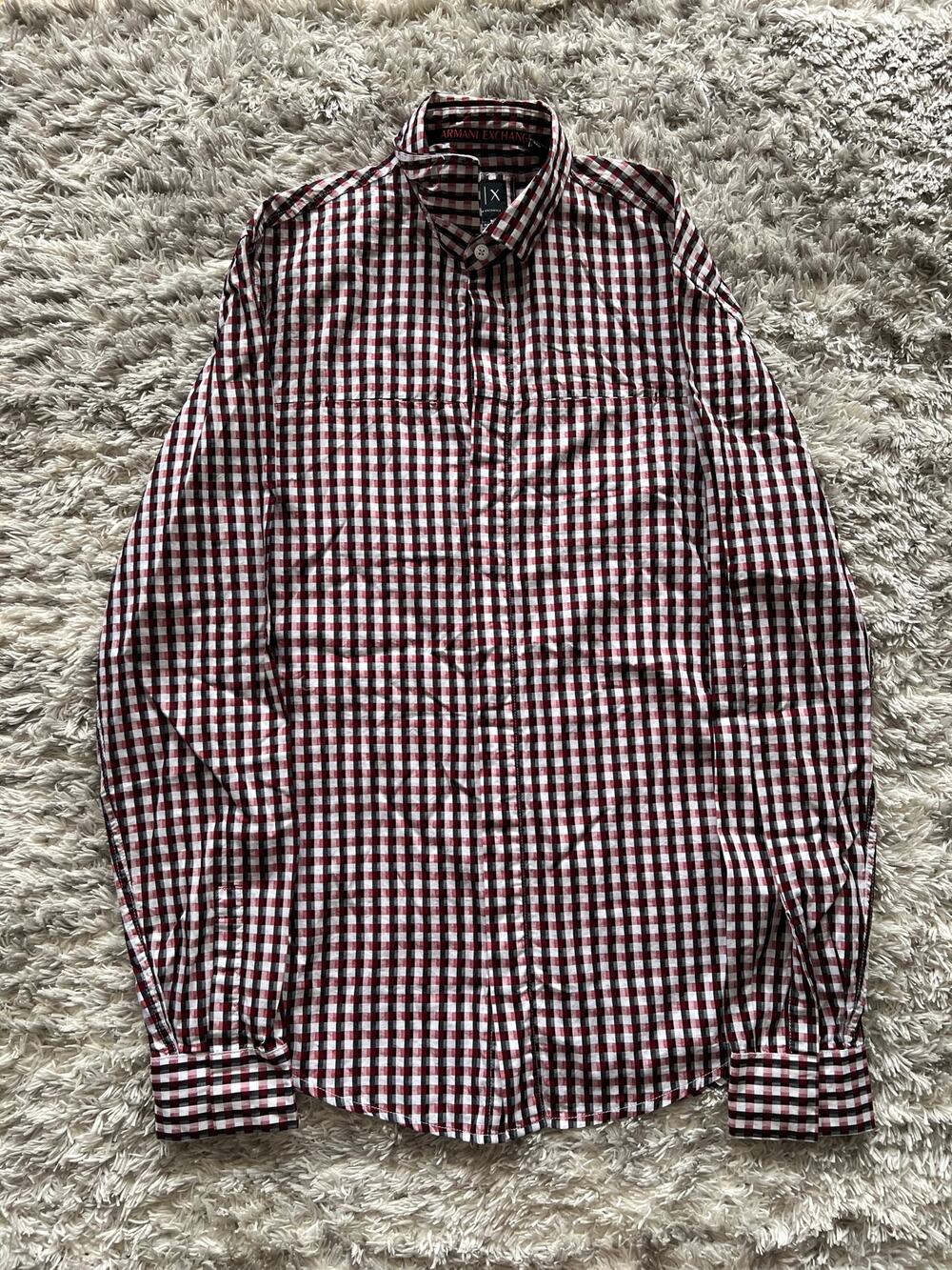 Armani Exchange Small Red Check Button Long Sleeve Men's Slim Dress Shirt
